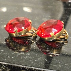 Vintage Red Faceted Glass Clip On Earrings Statement jewelry Glam Retro elegant