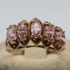 Vintage 10k Solid Yellow Gold Pink Marquise Five Stone Statement Ring Size 6