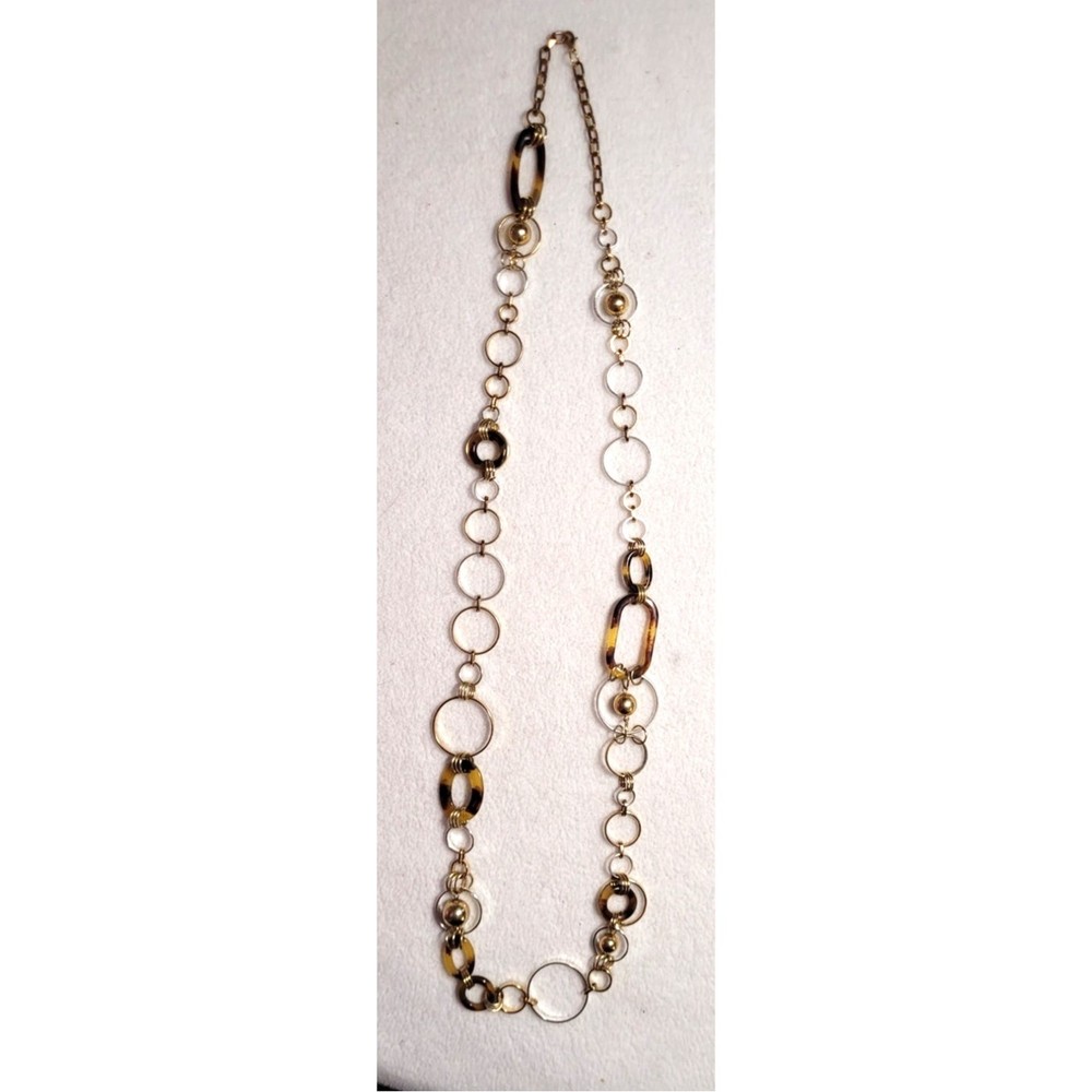 Vtg Two Tone Long Chain Necklace Silver Gold Open Rings Tortoise Shell Links