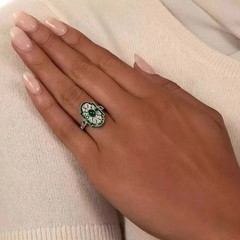 Art Deco Style Oval Cut Emerald & Lab Created Diamond 925 Silver Engagement Ring