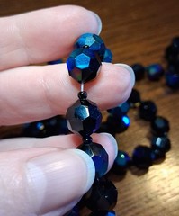 Vintage Black Faceted Glass Bead Strand Necklace 40″ 10mm AB See Pics/Descrip