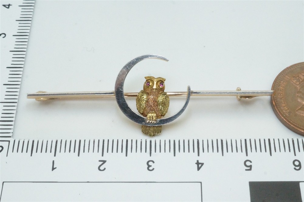 ANTIQUE ENGLISH VICTORIAN 15K GOLD PLATINUM RUBY OWL & MOON BROOCH c1900