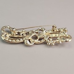 Rhinestone Ribbon Bow Brooch Clear AB Flowers Gold Tone 3.25″