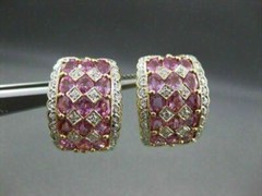 WIDE 2.90CTW PINK SAPPHIRE DIAMOND 18KT WHITE & YELLOW GOLD EARRINGS #21752