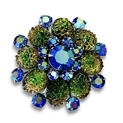 Vintage Unsigned Judy Lee Molded Lava Glass Peacock AB Rhinestone Flower Brooch