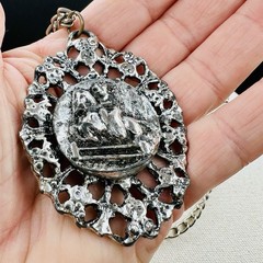 Vintage Pot Metal Horse Medallion Necklace Equestrian Gothic Large Statement