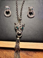 Vintage Panther Jaguar Head Tassel Necklace Door Knocker Earrings Set Green Eyes