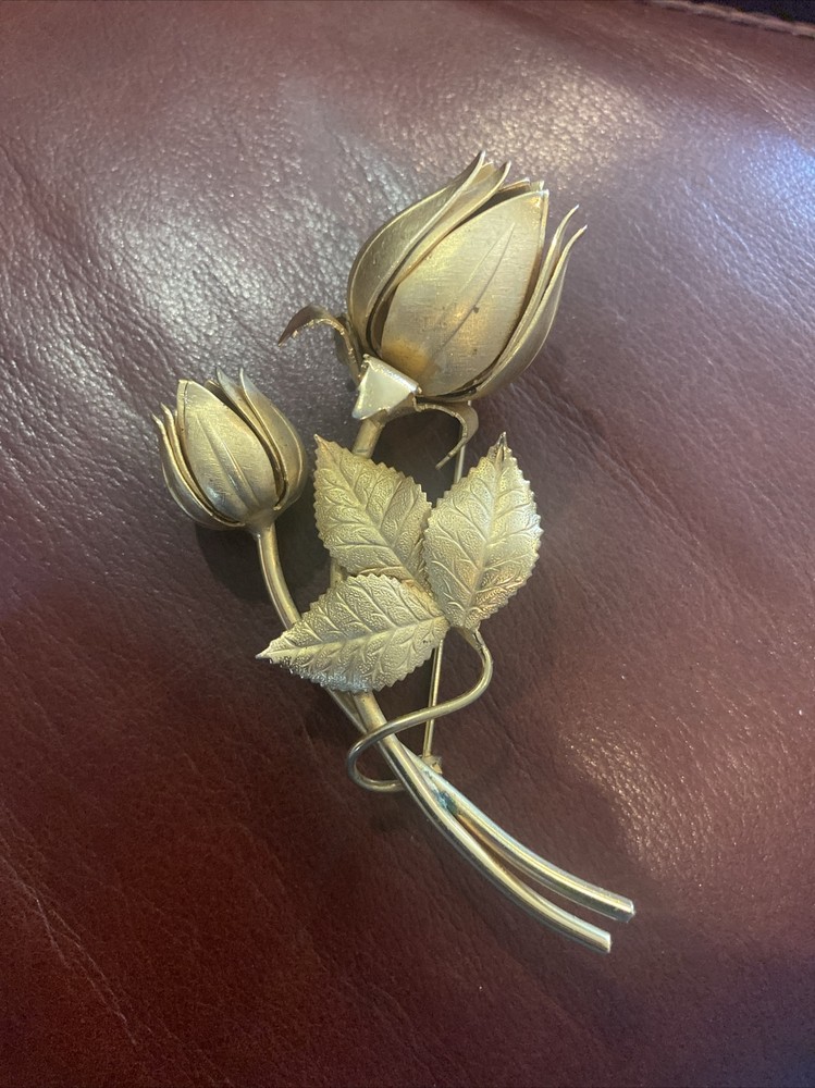 Vintage Unbranded Gold Tone Double Rose Leaf Brooch Pin Rosebud 3” Jewelry