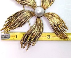 Vtg MCM Sterling Modernist Flower Brooch Mabe Pearl Gold Vermeil 5″ 71g Signed
