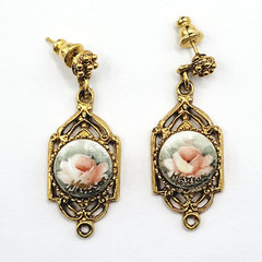 Art Deco Hand Painted Signed Rose Gold Tone Victorian Frame MCM Pierced Earrings