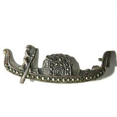 Vintage 800 Silver Italian Venetian Gondola Marcasite pin brooch 43 mm Used