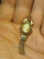 Antique Gold Filled Old/Young Cameo Necklace Double Sided Pendant & Earrings SET