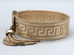 Vintage MCM Greek Key Gold Tone Mesh Slide Bracelet w/ Tassel