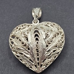 Heart Open Metal Southwestern Style Silver Plated Filigree Puffy Puffed Pendant