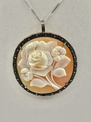 Vintage Carved Shell Rose Cameo Pin Brooch Pendant High Relief 800 Silver Frame
