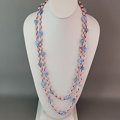 Vintage Art Deco Beaded Necklace Blue Givre Pink Milk Glass 59″ Long Flapper