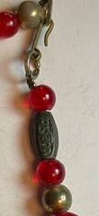 Vintage Roxsann Beaded Red Brass Flowers And Heart Pendant Necklace Chunky