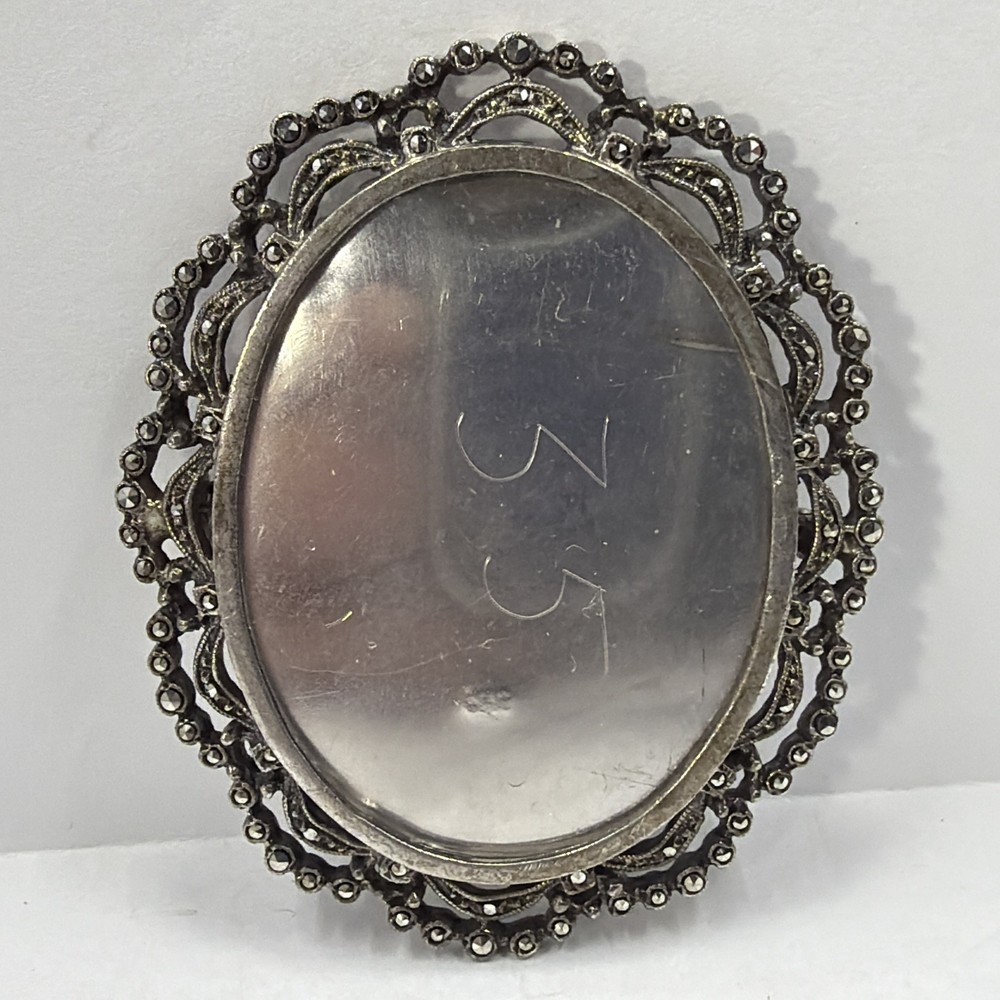 Vintage 935 Sterling Silver With Marcasite Stones Photo Brooch Large 14.11Gr