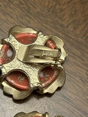 Vintage Judy Lee Earrings Round Coral Tone Cabochon Cluster Clip Ons Signed!