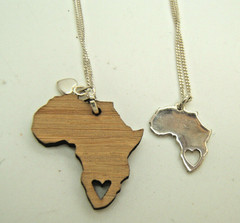 2 Sterling Silver & Wood Africa with heart Pendant Necklaces Excellent condition