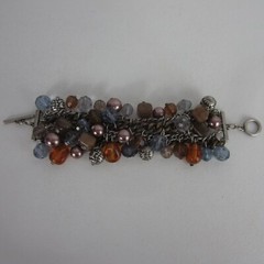 Chicos Charm Bracelet Amber Blue Mauve Purple Antique Silvertone Multiple Beads