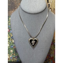 Vintage Mercury Dime Heart Cameo Pendant Silver Tone Black Enamel Sweetheart