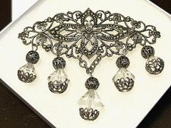 VINTAGE Marcasite Filigree 3″ Brooch w Glass Crystal Dangles Silver Tone Pin