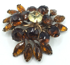 Vintage Rhinestones Brooch Topaz Amber Color Flower Prong Set Stones Pin