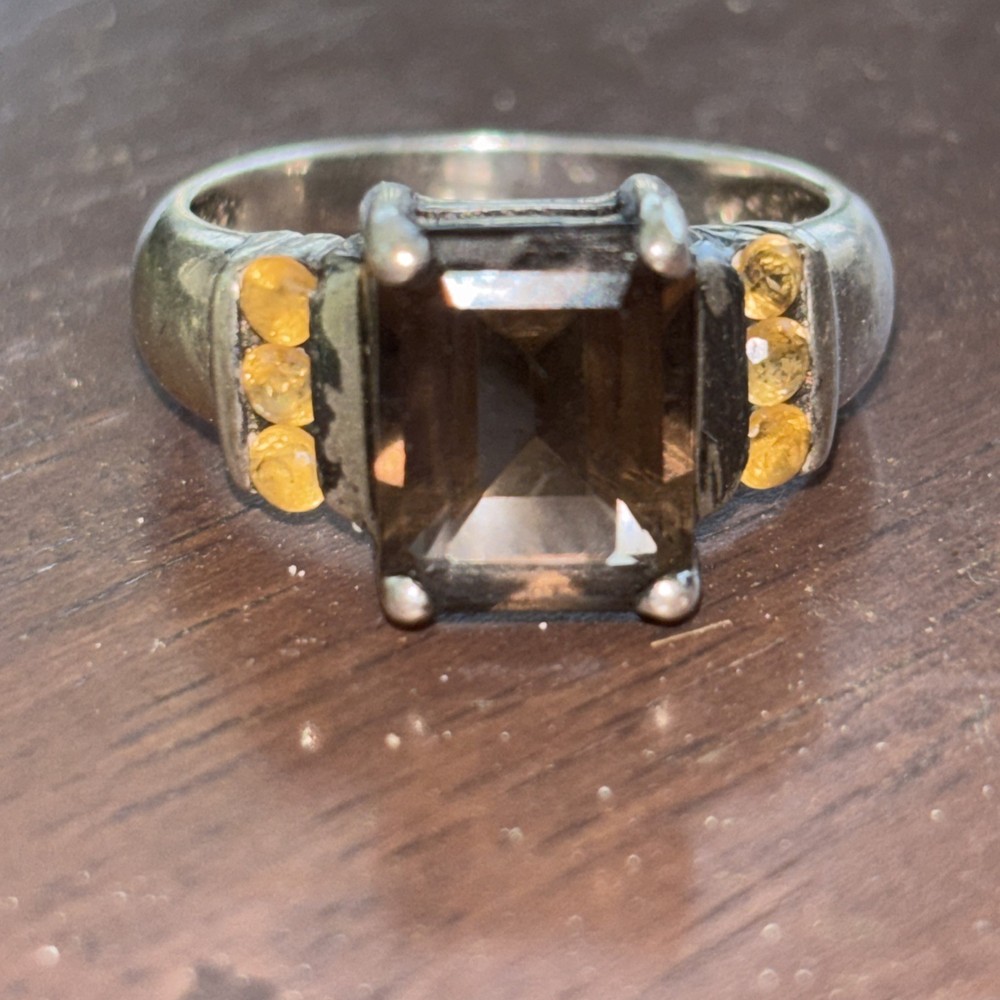 925 Sterling Silver Vintage Real Emerald-Cut Smoky Quartz & Citrine Ring Size 8