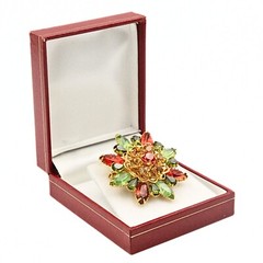 Spectacular Vintage Green Orange Navette Tri-Color Rhinestones Glass Brooch