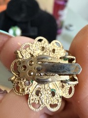 Vintage Rare White And Green Cabochon Clip On Earrings Set In Gold Tone