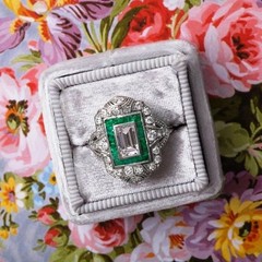Art Deco Style Lab Created Diamond & Emerald 925 Sterling Silver Engagement Ring