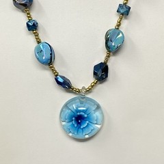 Bursting Glass Flower Pendant Necklace Blue Borosilicate Acrylic Beads 21″