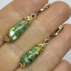 Vtg Japanese Green Millefiori Glass Teardrop Dangle Statement Earrings Screwback