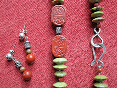 Vintage BEADED NECKLACE & EARRINGS Red Jasper & Unakite STERLING CLASP ~26.5″
