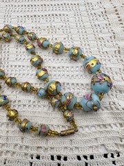 Vintage Murano Venetian Sky Blue Wedding Cake Fiorato Gold Foil Necklace 19”