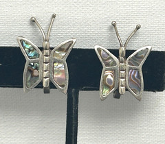 Vintage Mexico 925 Sterling Silver Abalone Butterfly Screw Back Earrings