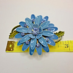 Vintage 1960s Blue Enamel Flower Brooch Rhinestone Mod Flower Power Pin – AS IS
