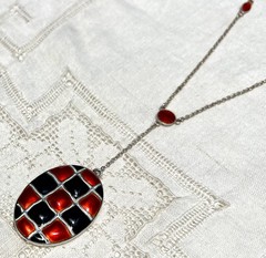 1930s Art Deco ORANGE/BLACK Enamel Checkerboard Sterling Locket Necklace~GERMANY