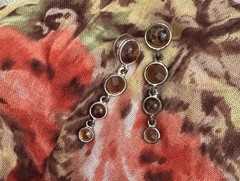 Vintage Silver Tone Dangle Drop Earrings l Round Brown Stones l 2in l 4 Gems