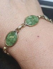 Vintage Green Jade Bracelet 12k Gold Filled GF Oval Link Chain 8″