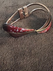 Vintage Signed Matisse Renoir “Leaflet” Copper Clamper Bracelet Red Enamel Leaf