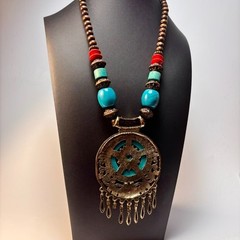 Chunky Vintage Necklace Wood Beads Boho Chunky Blue Resin Pendant