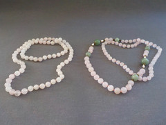 Light Pink Quartz & Green Stone (2) Single Strand Necklace Knotted Bead No Clasp