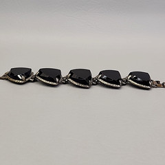 Vintage Bracelet Black Onyx Stone Linked Faceted Chunky Panel Silver Tone 7″