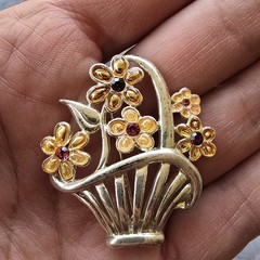 AAi Flower Basket Brooch Enamel Rhinestone Silver Tone Spring Signed 1.75 Inches