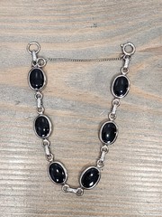 Silver Tone Faux Black Onyx Glass Oval Gemstone Bracelet