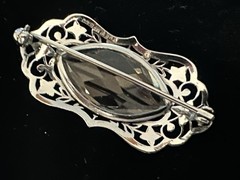 Antique Rhodium Plated Filigree Silver Tone Art Deco Clear Stone Pin Brooch