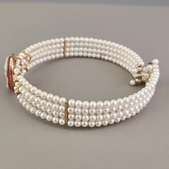 Vintage Cameo Collar Necklace Acrylic Faux Pearl Wired Four Row Expandable 11″