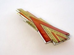 Vintage Art Deco Skyline Design Red Enamel Brooch Unsigned Pin City Scape 2.25In